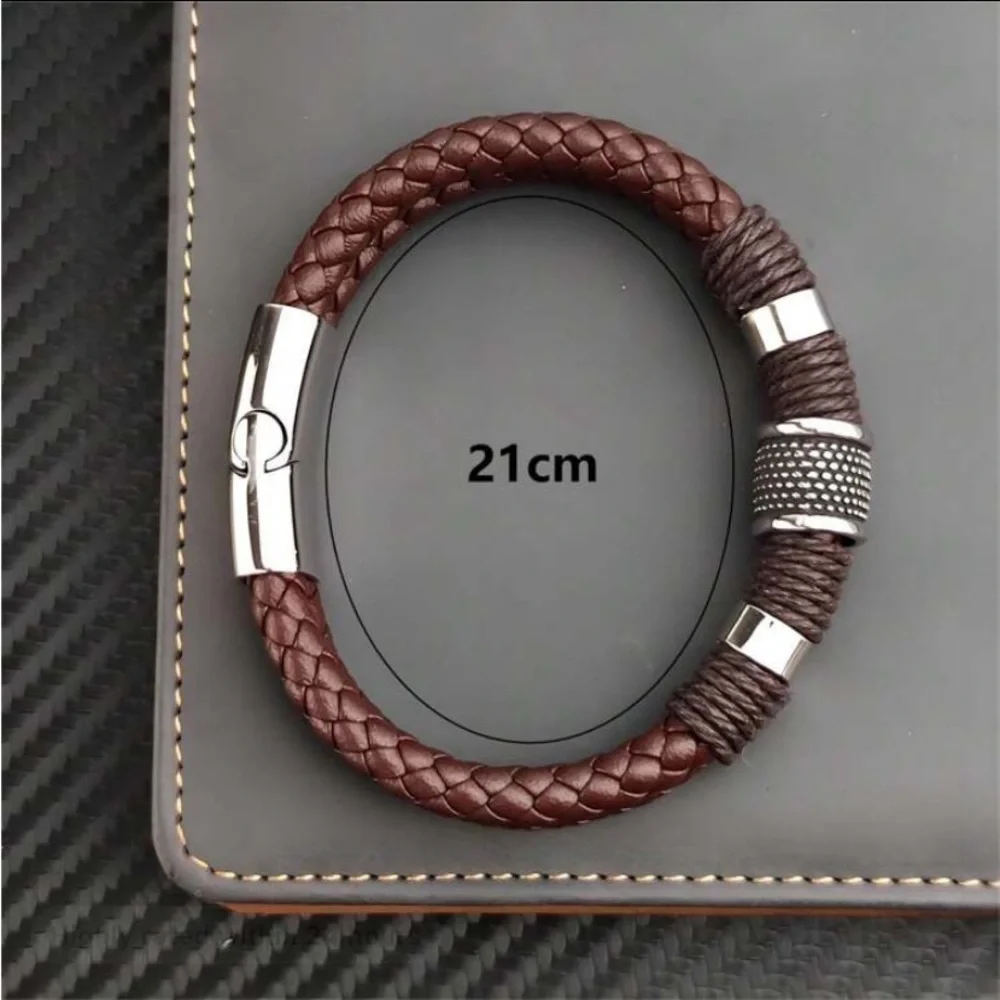 BROWN STAINLESS STEEL LEATHER BRACELET SILVER AND BROWN
